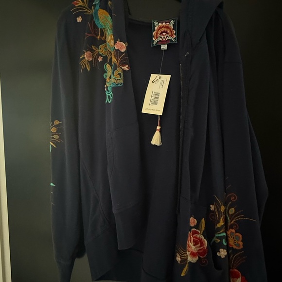 Johnny Was Navy Bomber Jacket with Embroidered Peacock - Picture 6 of 10